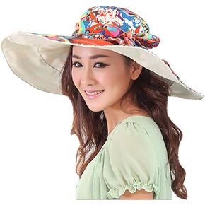 Reversible Beach Sun Hat Women Cowboy Floral Summer UPF 50+ Windproof Ribbon Cap