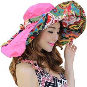 Reversible Beach Sun Hat Women Cowboy Floral Summer UPF 50+ Windproof Ribbon Cap