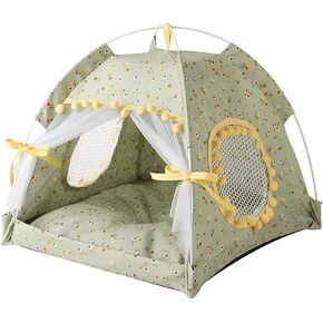 Cat Bed Tents Dog House Indoor Outdoor Lace Mesh Breathable Windows Door Curtains Removable Portable Nest Teepe House (Small,Pink(Ruffled Teim))