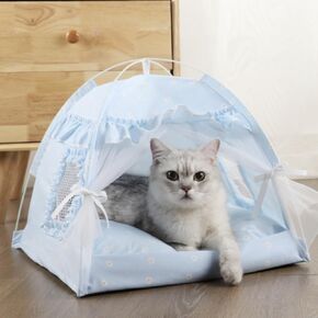 Cat Bed Tents Dog House Indoor Outdoor Lace Mesh Breathable Windows Door Curtains Removable Portable Nest Teepe House (Small,Pink(Ruffled Teim))