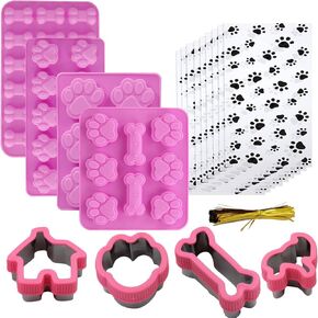 Dog Baking Supplies, Dog Treat Silicone Molds,Stainless Steel Puppy Paw Bone House Cookie Cutters, with 100 Pieces Dog treat bags for Homemade Chocolate, Candy, Jelly, Ice Cube, Doggie Treats