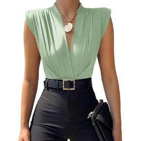 LYANER Women's Wraped V Neck Ruched Sleeveless Tank Leotard Bodysuit Top
