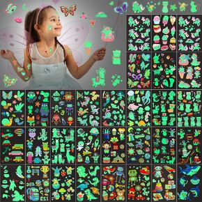 Sinmoe 400 Pieces Glow Temporary Tattoos for Kids Waterproof Luminous Mixed Style Cartoon Tattoo, Unicorn Dinosaur Mermaid Animal Fake Tattoo Stickers Party Supplies, 30 Sheets