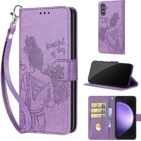 Designed for Samsung Galaxy S23 FE Case Wallet,Women Flip Folio Cover with Embossed PU Leather Stand Credit Card Holders Slots Wrist Strap Phone Case for Samsung S23 FE 5G (Rose Gold)