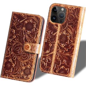Wallet case for iPhone 15 pro Max Real Leather 6.7 in Case,Genuine Leather Shockproof Case,Flip Folio Cover with Card Slot Kickstand,Dark Brown