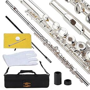 Glory Silver Plated Intermediate 17keys, Open/closed Hole C Flute with B Foot Joint,Offset G, with Case,cleaning Rod, Cloth, Joint Grease, and Gloves