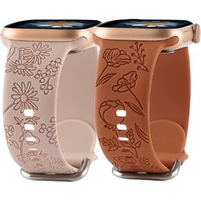 2 Pack Floral Engraved Band Compatible with Apple Watch Bands 38mm 40mm 41mm for Women, Cute Wildflowers Design Soft Silicone Sport Strap Replacement Wristbands for iWatch Series 9/8/7/SE/6/5/4/3/2/1