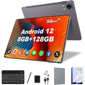 Android Tablet 10.1 inch, 8GB RAM 128GB Storage, Android 12 Oct-core Processor，5 Million +13 Million Dual Cameras, WiFi Bluetooth 1TB Extended IPS Full HD Display, 4000mAh Battery Powerful Tablet ss