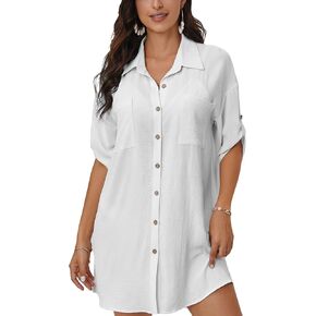 Bsubseach Women's Swimsuit Cover Up 3/4 Sleeve Beachwear Bikini Coverups Button Down Cover Up Shirt S-XL