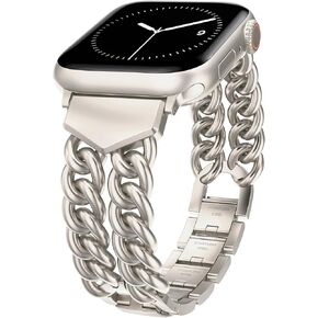 TOYOUTHS Double Chain Bracelet Compatible with Apple Watch Band 38/40/41/42/44/45/46/49mm Women Men, Dressy Stainless Steel Metal Designer Link Strap for iWatch Ultra SE Series 10 9 8 7 6 5 4 3 2 1