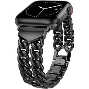 TOYOUTHS Double Chain Bracelet Compatible with Apple Watch Band 38/40/41/42/44/45/46/49mm Women Men, Dressy Stainless Steel Metal Designer Link Strap for iWatch Ultra SE Series 10 9 8 7 6 5 4 3 2 1