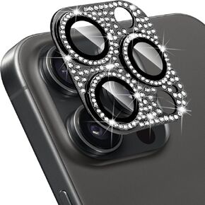 Designed for iPhone 15 Pro and 15 Pro Max Camera Lens Protector, Bling Rhinestone Sparkle Diamond 9H Tempered Glass Lens Cover Shockproof Full Protective Camera Cover, Silver