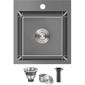 ROVATE 15 inch Drop in Bar Sink Single Bowl, Small Black Nano Kitchen Sink Top-mount, Overmount Handmade 304 Stainless Steel Bar Sink with Basket Strainer, 15 x 15 x 8 inch