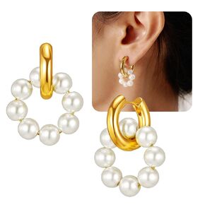 Turquoise Hoop Earrings for Women WGXIA Trendy Pearls Huggie Earrings Hypoallergenic Earrings for Sensitive Ears for Mother Daughter Girlfirend Jewelly Christmas Birthday Present (Round-Pink)
