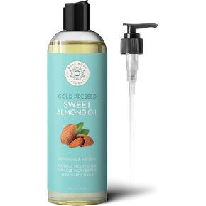 Pure Body Naturals Sweet Almond Oil for Hair and Skin, 100% Pure and Cold Pressed, Hexane Free, Skin Moisturizer, Nails, Therapeutic Massage, Carrier Oil 16 Fl. Ounce (Label Varies)