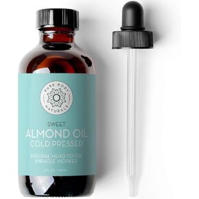 Pure Body Naturals Sweet Almond Oil for Hair and Skin, 100% Pure and Cold Pressed, Hexane Free, Skin Moisturizer, Nails, Therapeutic Massage, Carrier Oil 16 Fl. Ounce (Label Varies)