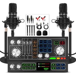 Podcast Equipment Bundle for 2, Audio Mixer with Condenser Microphone and 48V Phantom Power Supply Audio Interface for Live Stream/Record/Game