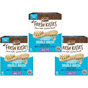 Merrick Fresh Kisses Mint Double-Brush Dental Treats - Large 16 Count - Pack of 3