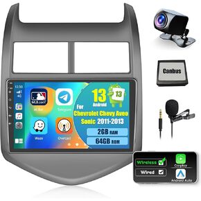Fuluku【2+64G 18 FM Radio】 for Chevy Aveo Sonic 2011-2013 Android 13 Car Stereo with Wireless Carplay Android Auto Mirror Link, 9’Touchscreen Radio WiFi/GPS/FM/RDS/Bluetooth/SWC