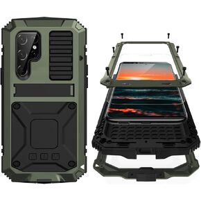 S23 Ultra Metal Case with Screen Protector Camera Cover Military Rugged Heavy Duty S23 Ultra Case Metal Kickstand Full Body Tough Dustproof Shockproof for S23 Ultra (Green)