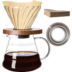 Pour Over Coffee Maker Set 13.5 OZ, Borosilicate Glass Coffee Server with 50 pcs V60 Paper Filter, Pour Over Coffee Dripper Carafe for Home Cafe Restaurant Camping