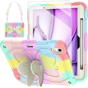 BLOSOMEET Pink Kids Case for iPad Air 11 Inch M2 (2024) with Tempered Glass Screen Protector & Butterfly Stand, Girls Cover for iPad 2024 M2 Air11 with Shoulder Strap Pencil Holder