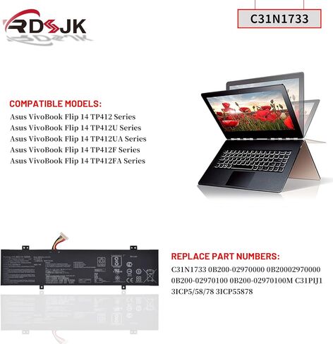 C31N1733 Laptop Battery for ASUS VivoBook Flip 14 TP412 TP412U TP412UA TP412F TP412FA TP412UA-DB31T TP412UA-IH31T TP412UA-EC059T TP412FA-EC551T TP412FA-EC707T TP412FA-EC035T TP412FA-EC651T 11.55V 42Wh in Saudi Arabia