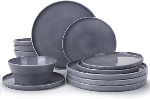Famiware Annecy Stoneware Dinnerware Sets, Plates and Bowls Sets for 4, 12 Pieces Handmade Tableware/Dishware/Dinner/Dish Set with Lipped Edges - Double Reactive Glaze, Grey-White in Saudi Arabia