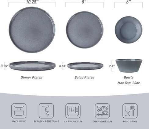 Famiware Annecy Stoneware Dinnerware Sets, Plates and Bowls Sets for 4, 12 Pieces Handmade Tableware/Dishware/Dinner/Dish Set with Lipped Edges - Double Reactive Glaze, Grey-White in Saudi Arabia