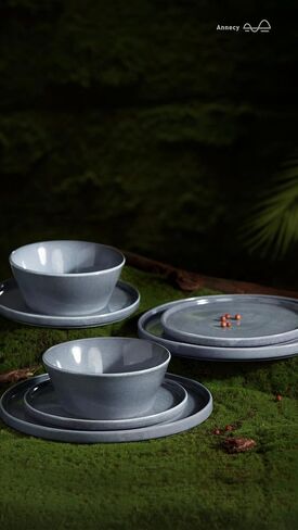 Famiware Annecy Stoneware Dinnerware Sets, Plates and Bowls Sets for 4, 12 Pieces Handmade Tableware/Dishware/Dinner/Dish Set with Lipped Edges - Double Reactive Glaze, Grey-White in Saudi Arabia