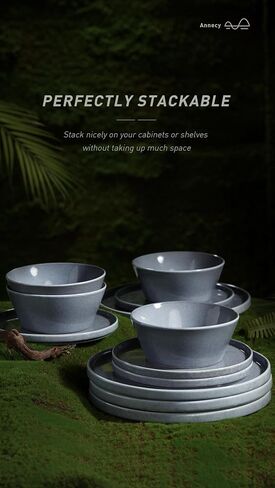 Famiware Annecy Stoneware Dinnerware Sets, Plates and Bowls Sets for 4, 12 Pieces Handmade Tableware/Dishware/Dinner/Dish Set with Lipped Edges - Double Reactive Glaze, Grey-White in Saudi Arabia