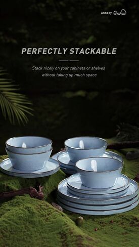 Famiware Annecy Stoneware Dinnerware Sets, Plates and Bowls Sets for 4, 12 Pieces Handmade Tableware/Dishware/Dinner/Dish Set with Lipped Edges - Double Reactive Glaze, Grey-White in Saudi Arabia