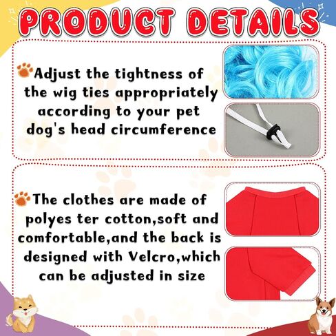 Tarpop 2 Set Halloween Dog Red T-Shirt Blue Wig Cosplay Costume Dog Shirt for Small Dogs Birthday Party Dress Up(Medium) in Saudi Arabia