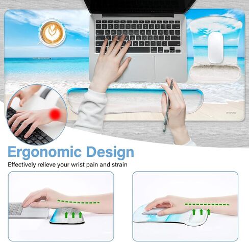 MOSISO Desk Pad Mat Keyboard Mouse Pad Set,Large Gaming Mouse Pad&Keyboard Wrist Rest&Mouse Pad with Wrist Rest&Coaster,Ergonomic Non-Slip Mousepad with Memory Foam for Home Office,Blue Sky and Beach in Saudi Arabia