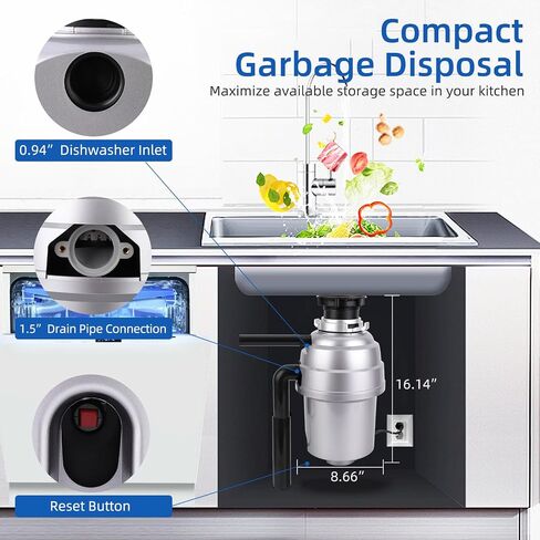 GAOMON Garbage Disposal 1 HP Continuous Feed Garbage Disposer, Compact Food Waste Disposer with Ultra Quiet Motor and Power Cord, Stainless Steel Grinding, Kitchen Sink Food Waste Disposal, Black in Kuwait