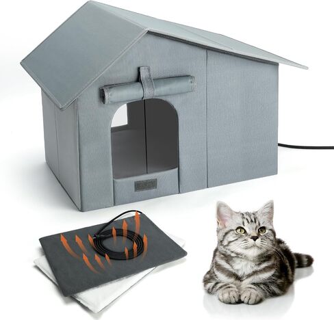 Insulated Heated Outdoor Cat House Waterproof Cat House Outside,Large Feral Cat Houses for Winter with Thermostatically Heating Mat for Several Cats Heating House in Saudi Arabia