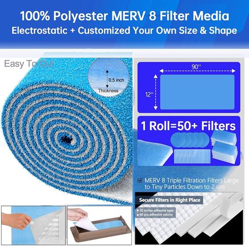 Air Vent Filter 20x100 Inch, Cut to Fit (50+filters) Air Filter, Electrostatic Filter Media with 36 Inch Adhesive Tape and 48pcs Velcro for Air Vent, Air Conditioner, HVAC, Registers and Grilles in Kuwait