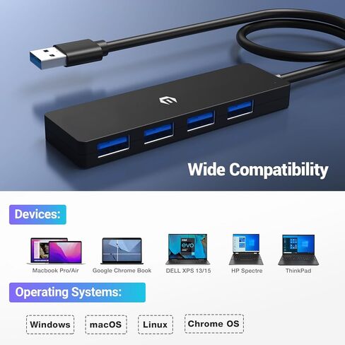 محور USB، محطة إرساء USB، محور محول USB، محور بيانات محمول رفيع للغاية، محور USB 4 في 1 مع 4 * USB 3.0 متوافق مع أنظمة Windows وmacOS وLinux وChrome OS (غطاء من الألومنيوم) in Kuwait