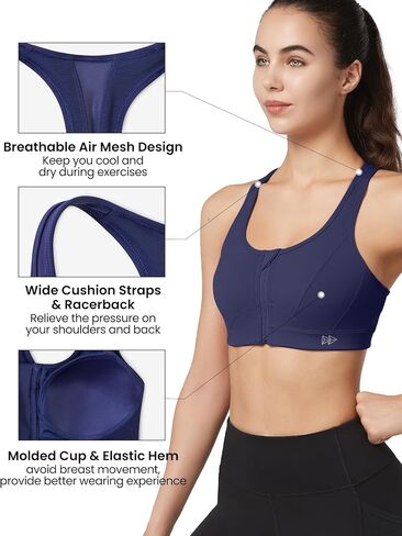 Yvette Zip Front Sports Bra - High Impact Sports Bras for Women Plus Size Workout Fitness Running in Kuwait
