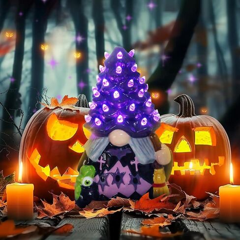 Ceramic Gnome Halloween Decorations -Orange Pumpkin Gnome Ceramic Tree Lighted Table Decor - Black Decor Bedroom Indoor, Halloween Centerpieces for Tables Gnome in Saudi Arabia