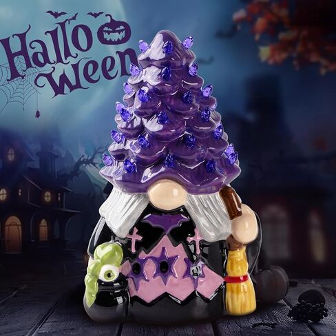 Ceramic Gnome Halloween Decorations -Orange Pumpkin Gnome Ceramic Tree Lighted Table Decor - Black Decor Bedroom Indoor, Halloween Centerpieces for Tables Gnome in Saudi Arabia