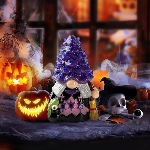 Ceramic Gnome Halloween Decorations -Orange Pumpkin Gnome Ceramic Tree Lighted Table Decor - Black Decor Bedroom Indoor, Halloween Centerpieces for Tables Gnome in Saudi Arabia