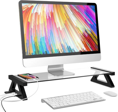 Yivandi Computer Monitor Stand with USB Ports, Clear Tempered Glass Monitor Riser, 3-in-1 USB Docking Laptop Riser for Desktop PC/iMac/MacBook/Printer in Saudi Arabia