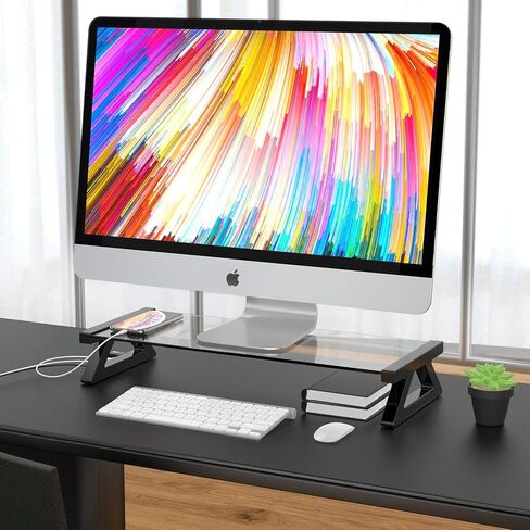 Yivandi Computer Monitor Stand with USB Ports, Clear Tempered Glass Monitor Riser, 3-in-1 USB Docking Laptop Riser for Desktop PC/iMac/MacBook/Printer in Saudi Arabia