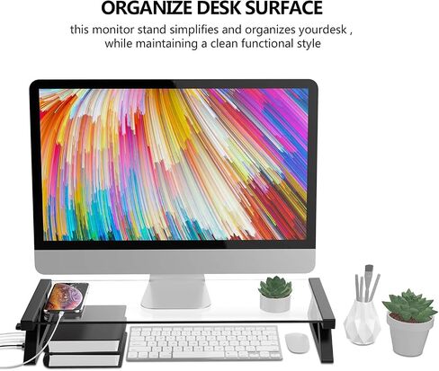 Yivandi Computer Monitor Stand with USB Ports, Clear Tempered Glass Monitor Riser, 3-in-1 USB Docking Laptop Riser for Desktop PC/iMac/MacBook/Printer in Saudi Arabia