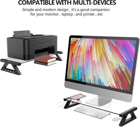Yivandi Computer Monitor Stand with USB Ports, Clear Tempered Glass Monitor Riser, 3-in-1 USB Docking Laptop Riser for Desktop PC/iMac/MacBook/Printer in Saudi Arabia