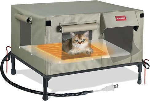 Heated Outdoor Cat House Weatherproof&Insulated Feral Cat House Outdoor Cats Shelter for Outside in Winter Kitty Bed Indoor Warm Home for Outside Stray Barn Cat (Khaki, 23.6x18.5x16.9) in Saudi Arabia