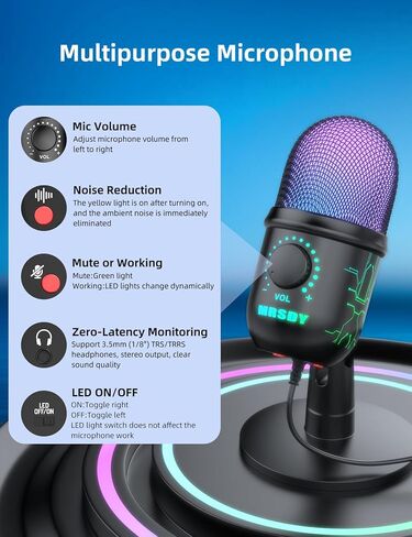 ميكروفون USB للالعاب بخاصية التوصيل والتشغيل من ام ار اس دي واي لاجهزة الكمبيوتر وماك وبلاي ستيشن 4/5، ميكروفون بودكاست مع الفضاء اللوني RGB وكتم الصوت والشاشة وتقليل الضوضاء وزيادة مستوى الصوت، رائع in Kuwait