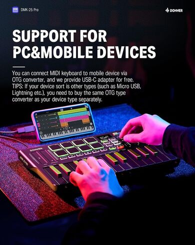 Donner DMK25 Pro MIDI Keyboard Controller, 25 Mini Key Portable USB-C MIDI Keyboard with 8 Drum Pads, OLED Display, Personalized Touch Bar, Music Production Software and 40 Free Courses in Saudi Arabia