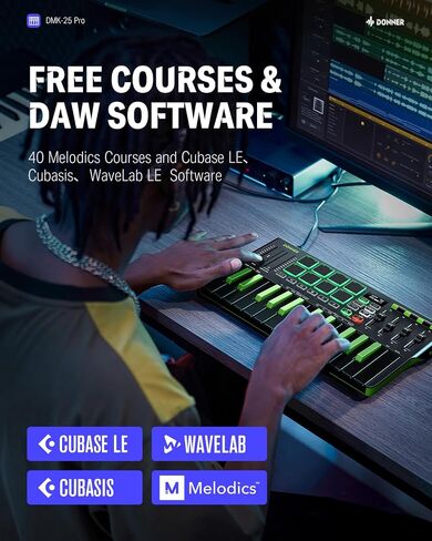 Donner DMK25 Pro MIDI Keyboard Controller, 25 Mini Key Portable USB-C MIDI Keyboard with 8 Drum Pads, OLED Display, Personalized Touch Bar, Music Production Software and 40 Free Courses in Saudi Arabia